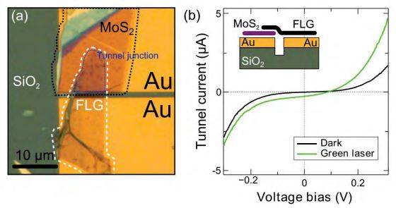 (a) Optical image of the vertical Au/MoS2/FLG tunneling device | (b) Current vs. voltage characteristics of the device in dark and illuminated state | Developing Unique Materials For Divice Handling | Gel-Pak®