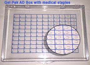 Gel-Pak increases throughput in automated inspection and measurement processes Gel-Pak AD Box with medical staples | Gel-Pak® | Gel-Pak increases throughput in automated inspection